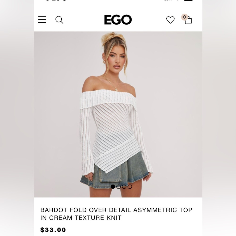 NWT EGO OFFICIAL — BARDOT FOLD OVER DETAIL ASYMMETRIC TOP IN CREAM TEXTURE KNIT